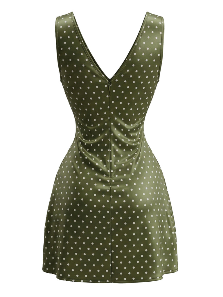 Gelbgrünes 70er Satin-Minikleid mit V-Ausschnitt und Punkten