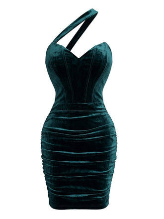 60er One-Shoulder-Bodycon-Kleid aus Samt mit Raffungen