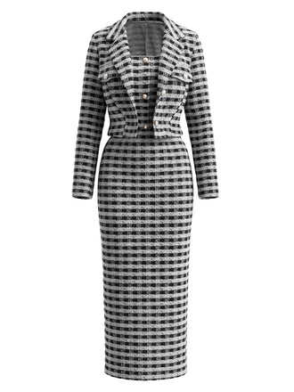 60er Set aus Blazer & Kleid in Karotweed mit Perlenknöpfen