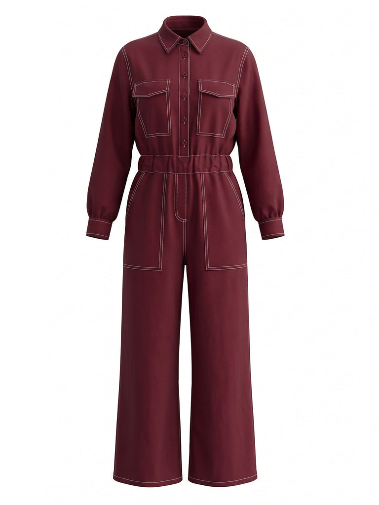 Weinroter 80er Utility-Jumpsuit mit Revers und Kontrastnähten