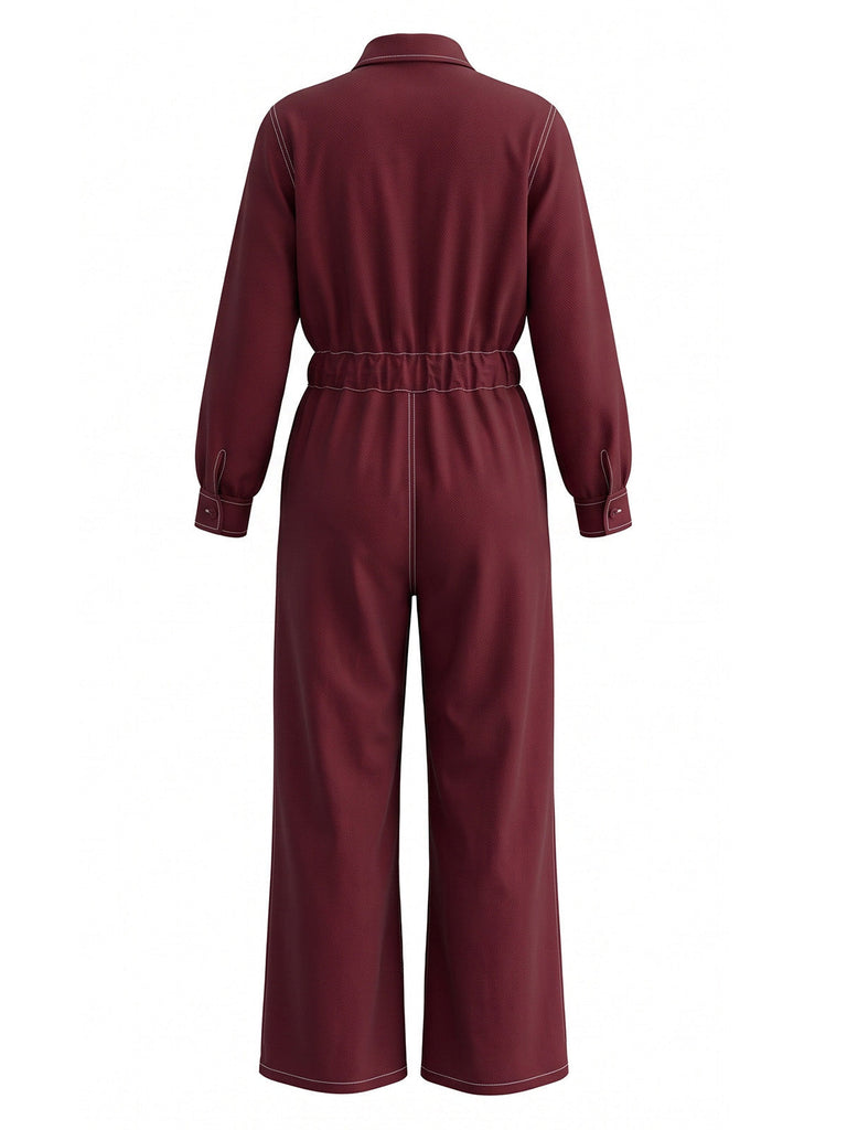 Weinroter 80er Utility-Jumpsuit mit Revers und Kontrastnähten