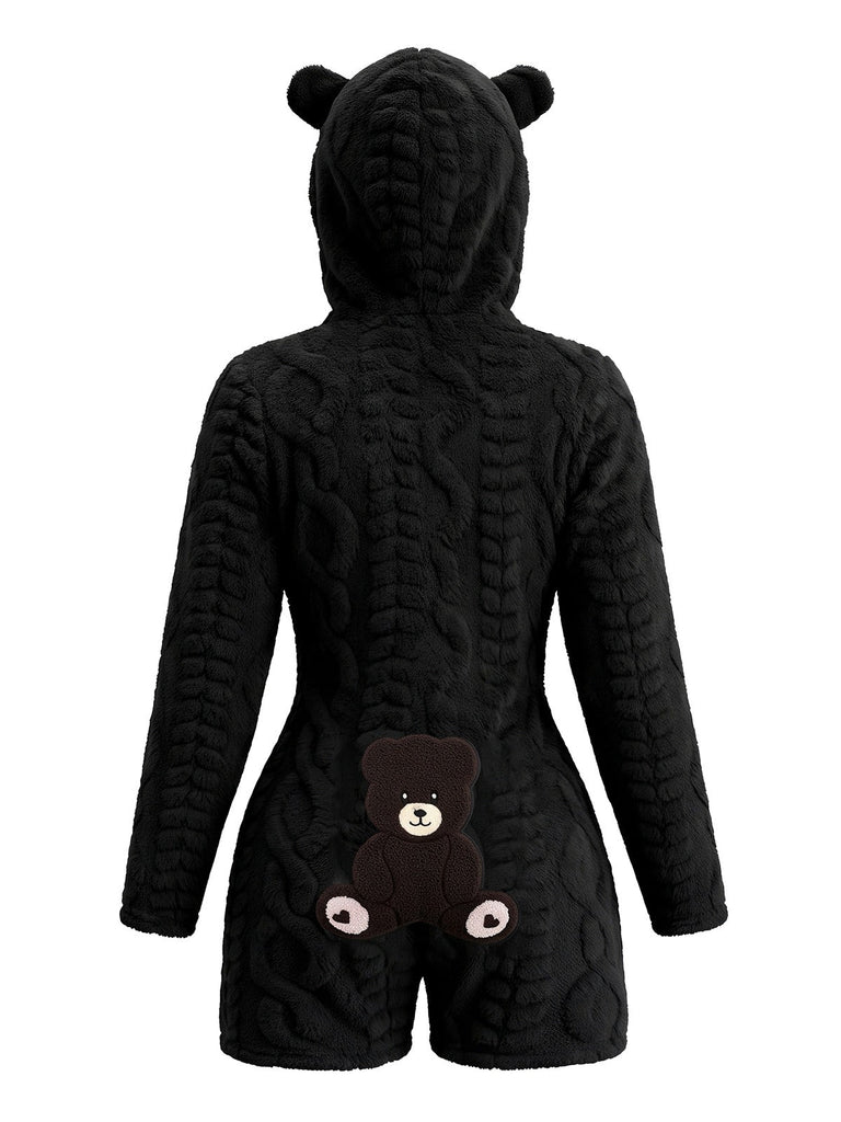 80er Fleece-Kapuzenromper mit Teddybärstickerei