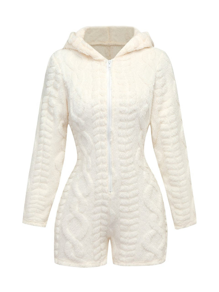 80er Fleece-Kapuzenromper mit Teddybärstickerei