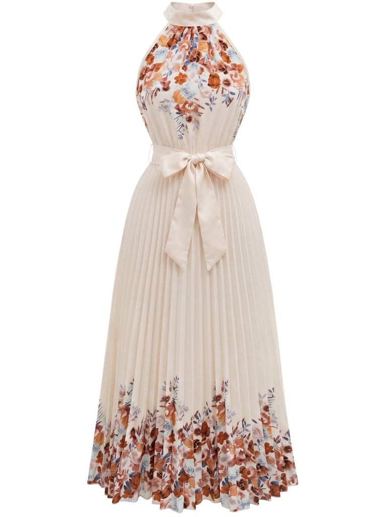 50er Blumen-Plissee-Maxikleid mit Neckholder und Taillenschleife