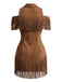 70er Cold-Shoulder Kleid mit Reverskragen und Fransen