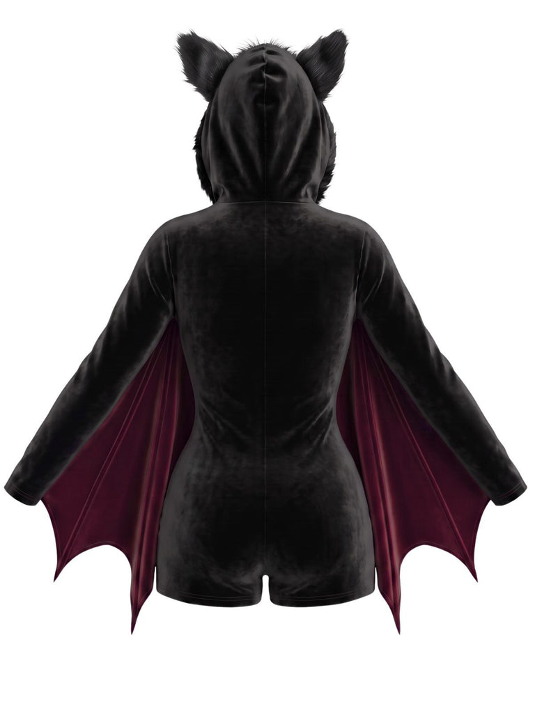 60er Halloween Samt-Romper mit Fledermausärmeln und Katzenohren-Kapuze