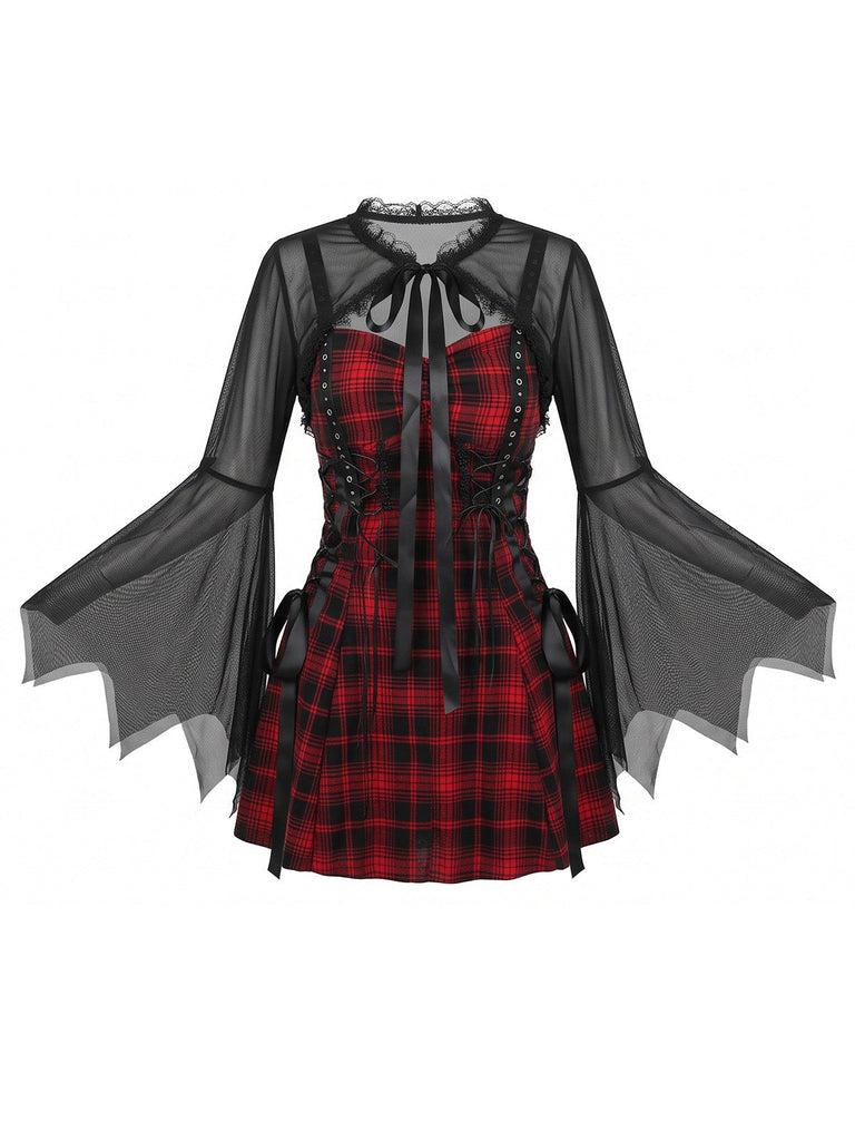 Schwarz-rotes 50er Halloween Kleid mit Fledermausärmeln und Karo