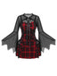 Schwarz-rotes 50er Halloween Karo-Kleid mit Fledermausärmeln und Accessoire-Set