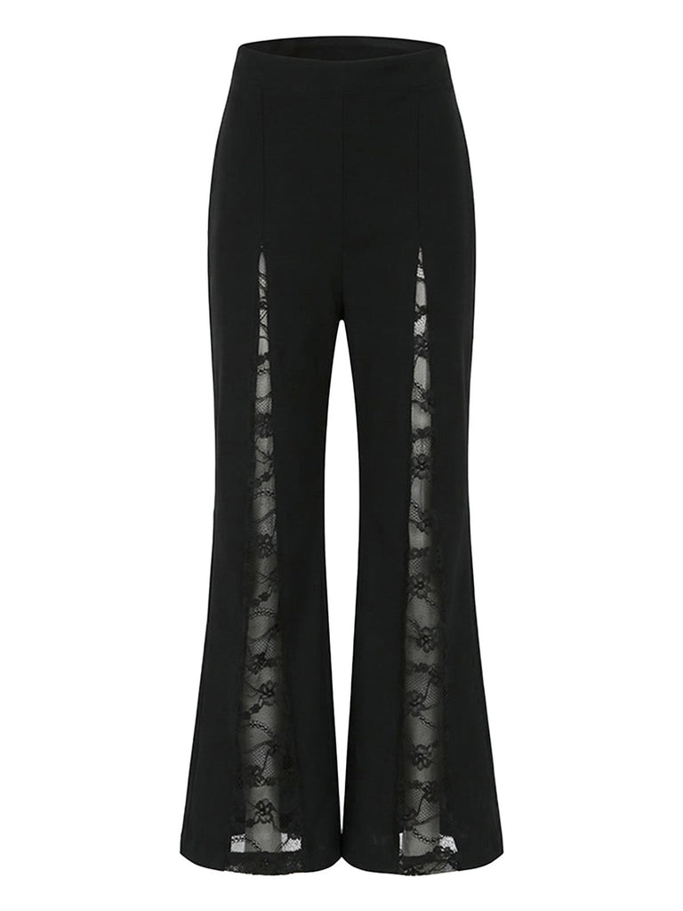 Schwarze 50er Schlaghose mit floraler Spitze und hoher Taille