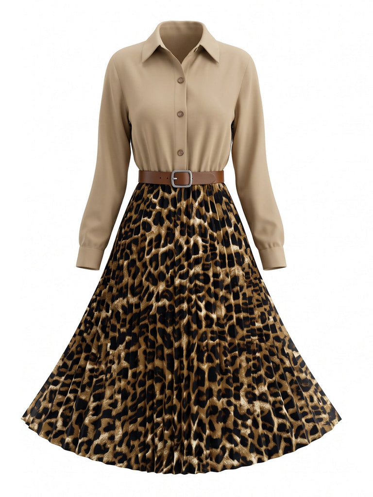 50er Shirtkleid mit Leoparden-Print und Plisseefalten