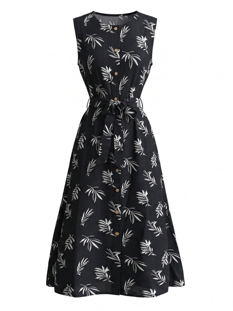 Tiefblaues 50er Kleid mit Blatt-Print und Gürtel