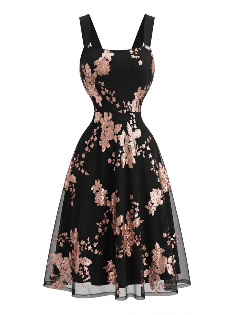 50er Mesh-Swingkleid mit Pailletten-Blumen und Rosen-Gold
