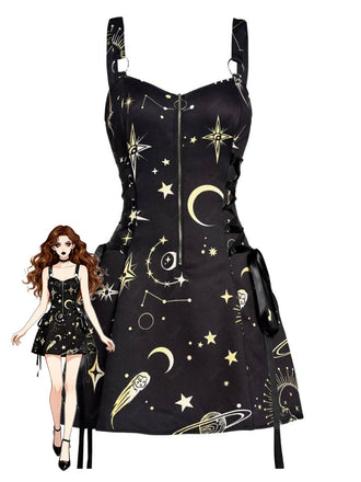 60er Halloween A-Linien-Kleid mit Sternen und Mond