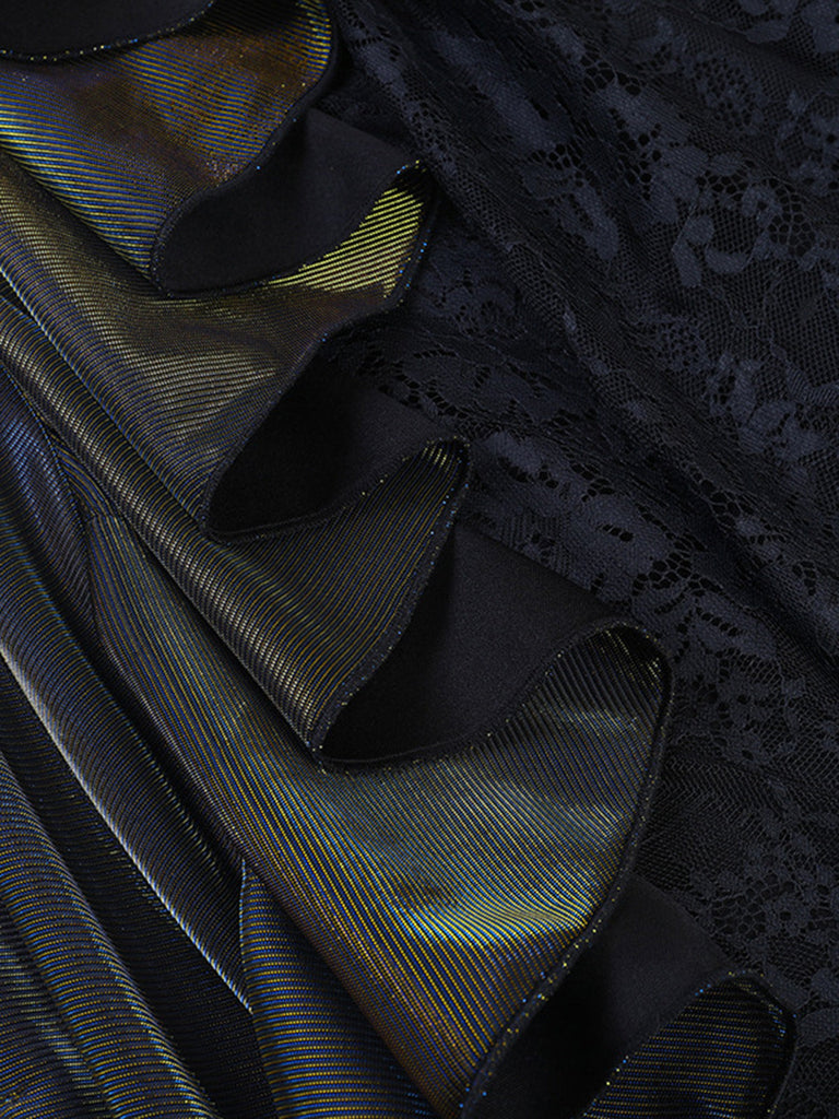 Schwarzer 30er Gothic Meerjungfrauenrock mit Metallic-Glanz und Spitze