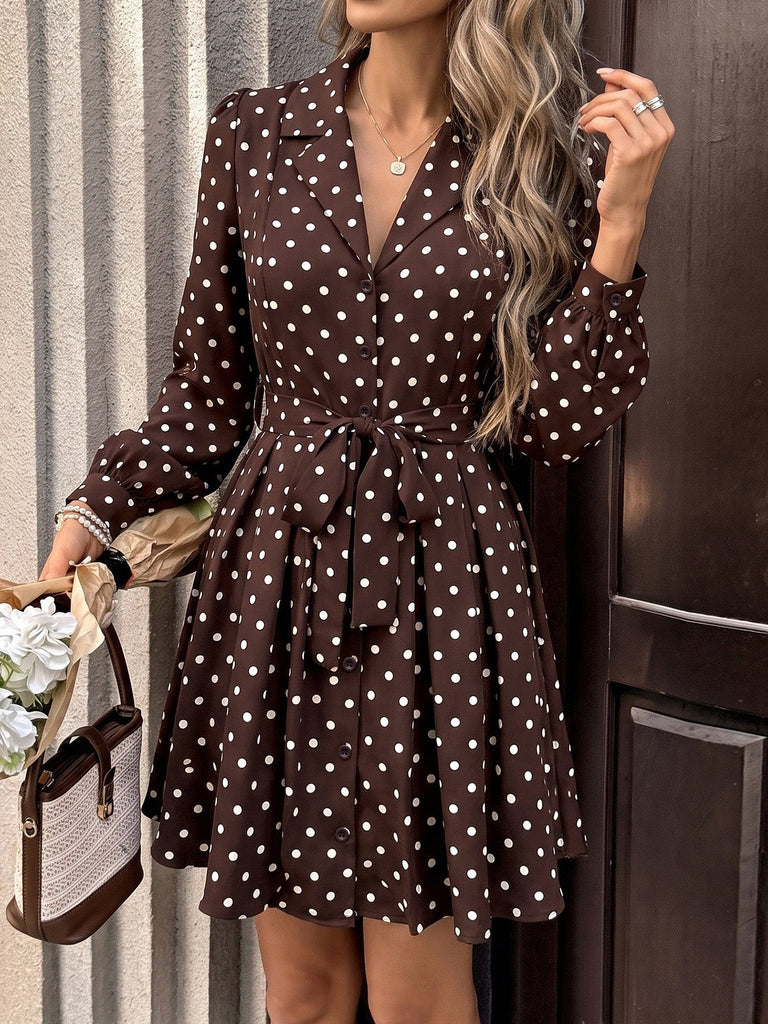 Braunes 60er Polka-Dot Kleid mit Reverskragen und Gürtel