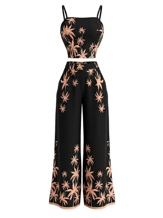 Schwarzes 70er Set aus Trägertop und weiter Hose mit Palmen-Print