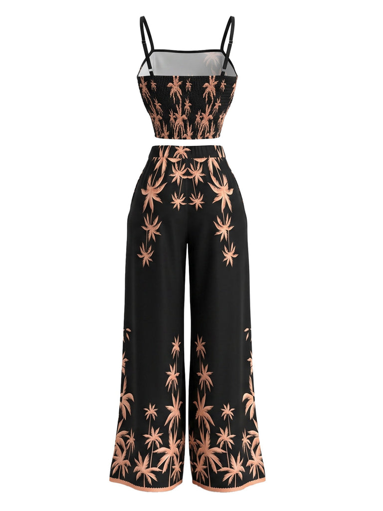 Schwarzes 70er Set aus Trägertop und weiter Hose mit Palmen-Print