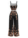 Schwarzes 70er Set aus Trägertop und weiter Hose mit Palmen-Print