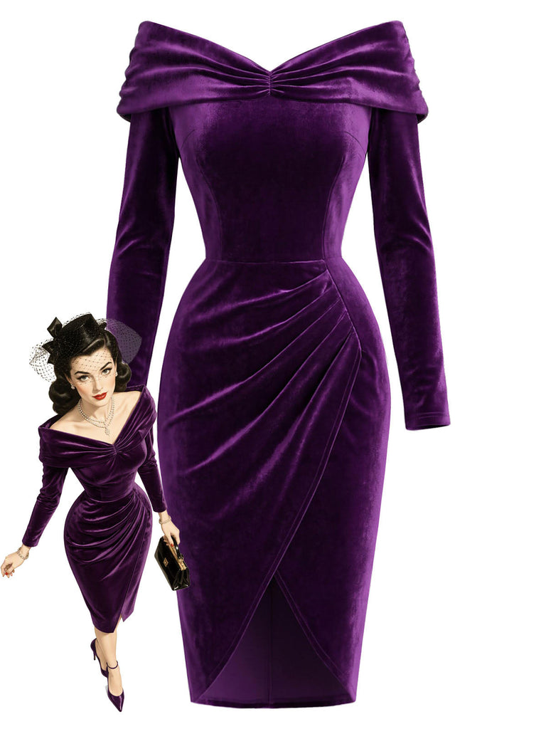 Lila 60er schulterfreies Samt-Bodyconkleid