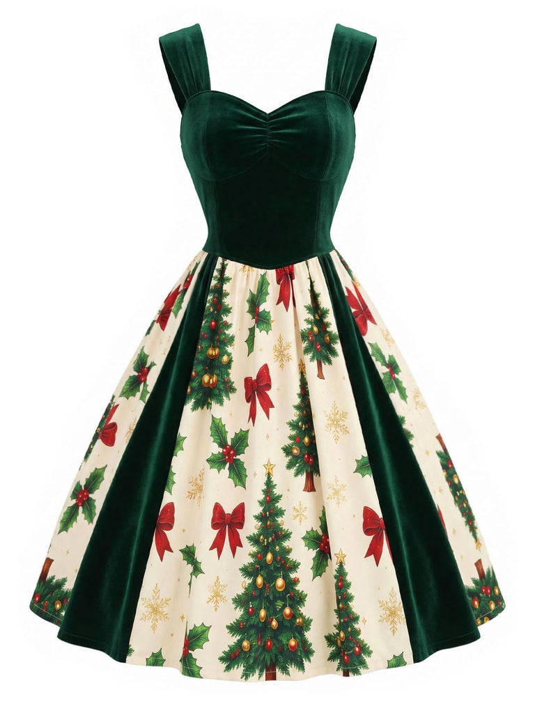 Grünes 50er Kleid mit Samteinsatz und Tannenbaum-Print