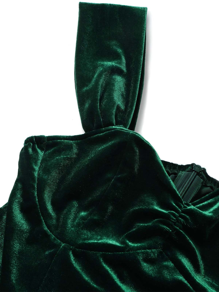 Grünes 50er Kleid mit Samteinsatz und Tannenbaum-Print