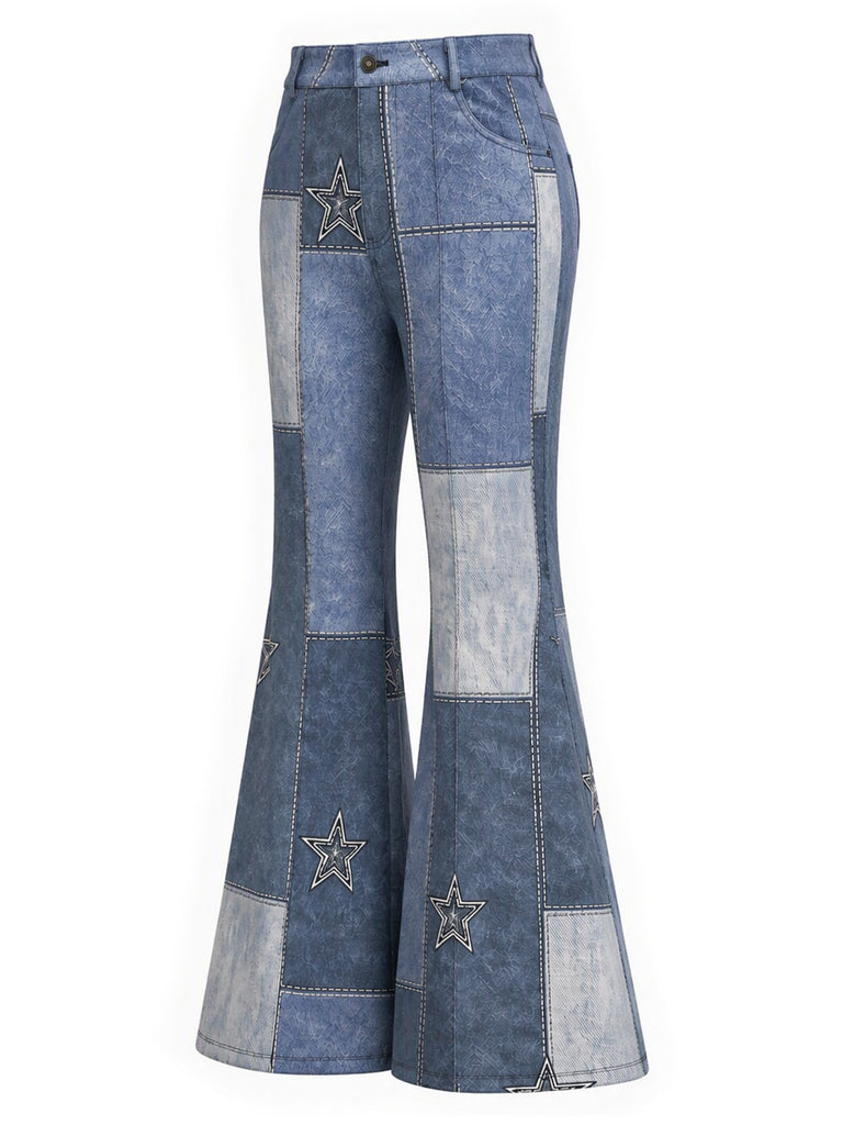70er Set aus Sternen-Fransenjacke in Wildlederoptik und Denim-Print-Schlaghose