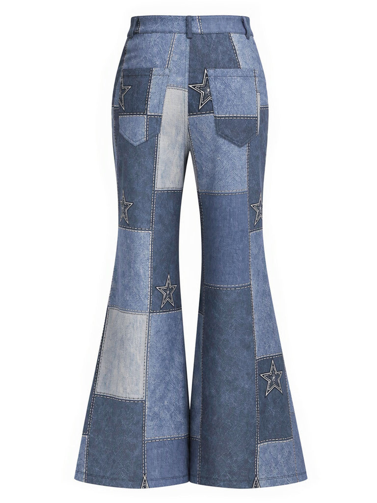 70er Set aus Sternen-Fransenjacke in Wildlederoptik und Denim-Print-Schlaghose
