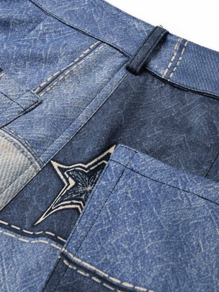 70er Set aus Sternen-Fransenjacke in Wildlederoptik und Denim-Print-Schlaghose