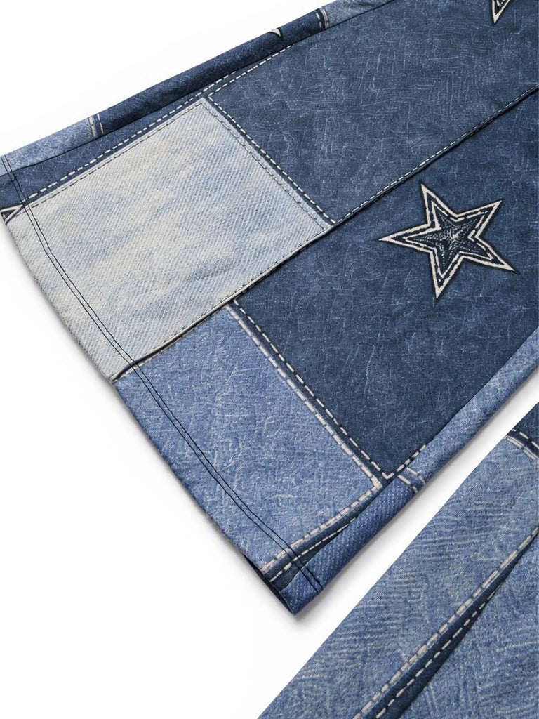 Dunkelblaue 70er Schlaghose mit Stern-Patchwork und Denim-Print