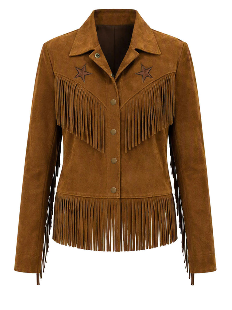 Hellbraune 70er Westernjacke in Wildlederoptik mit Sternen und Fransen