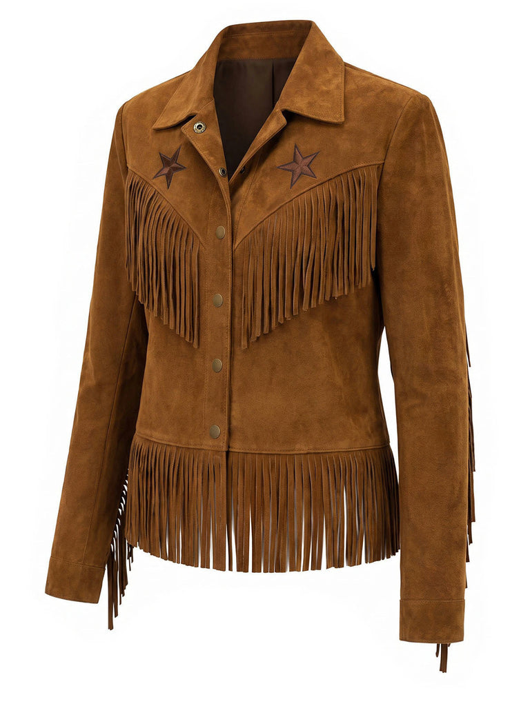 Hellbraune 70er Westernjacke in Wildlederoptik mit Sternen und Fransen
