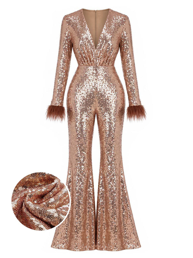 Brauner 70er Disco-Schlagjumpsuit mit tiefem V-Ausschnitt, Pailletten und Kunstfellbesatz