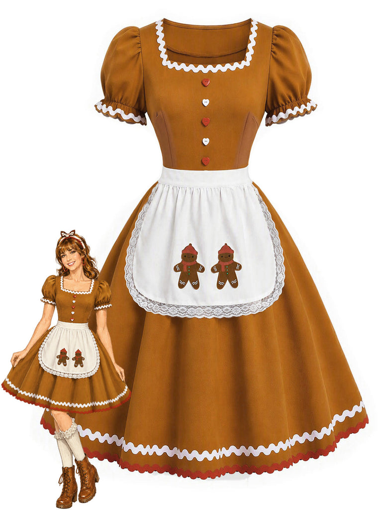 Hellbraunes 50er Weihnachtskleid mit Lebkuchenmännchen-Schürze