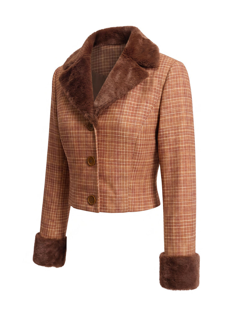 Braunes 40er Karo-Set aus Jacke mit Kunstfell und Rock