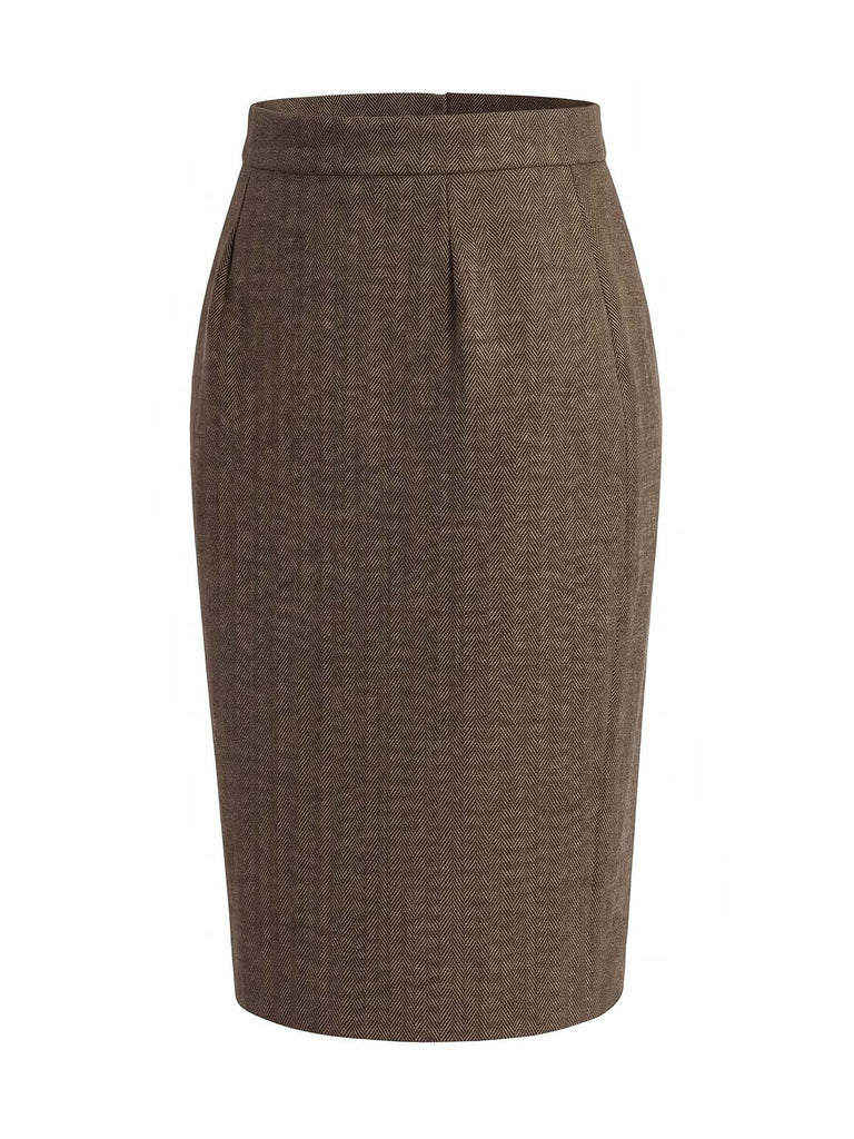 Hellbrauner 40er High-Waist-Tweed-Bleistiftrock mit Fischgrätmuster