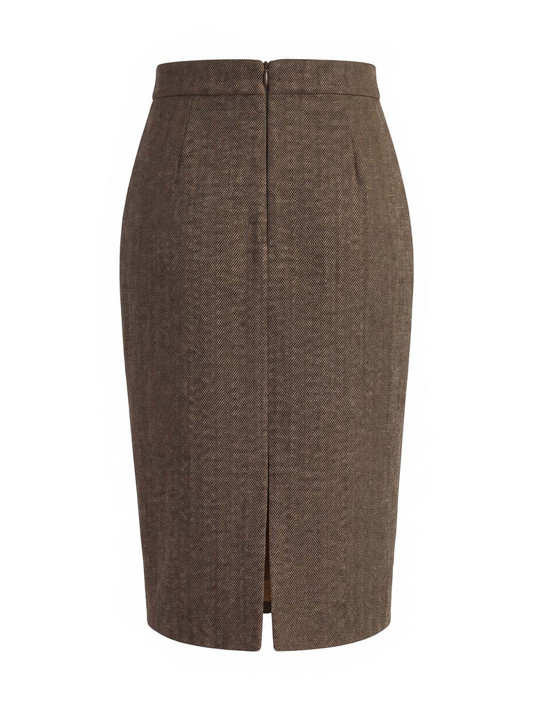 Hellbrauner 40er High-Waist-Tweed-Bleistiftrock mit Fischgrätmuster