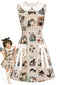 [Vorverkauf] Beige 60er Kleid mit Katzen-Postkarten-Print und Peter-Pan-Kragen