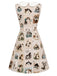 Beige 60er Kleid mit Katzen-Postkarten-Print und Peter-Pan-Kragen
