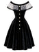 Schwarzes 50er schulterfreies Samtkleid mit Polka-Dots