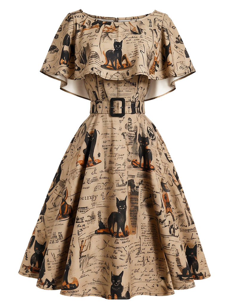 50er Capeletkleid mit Katzen-Zeitungsprint und Gürtel