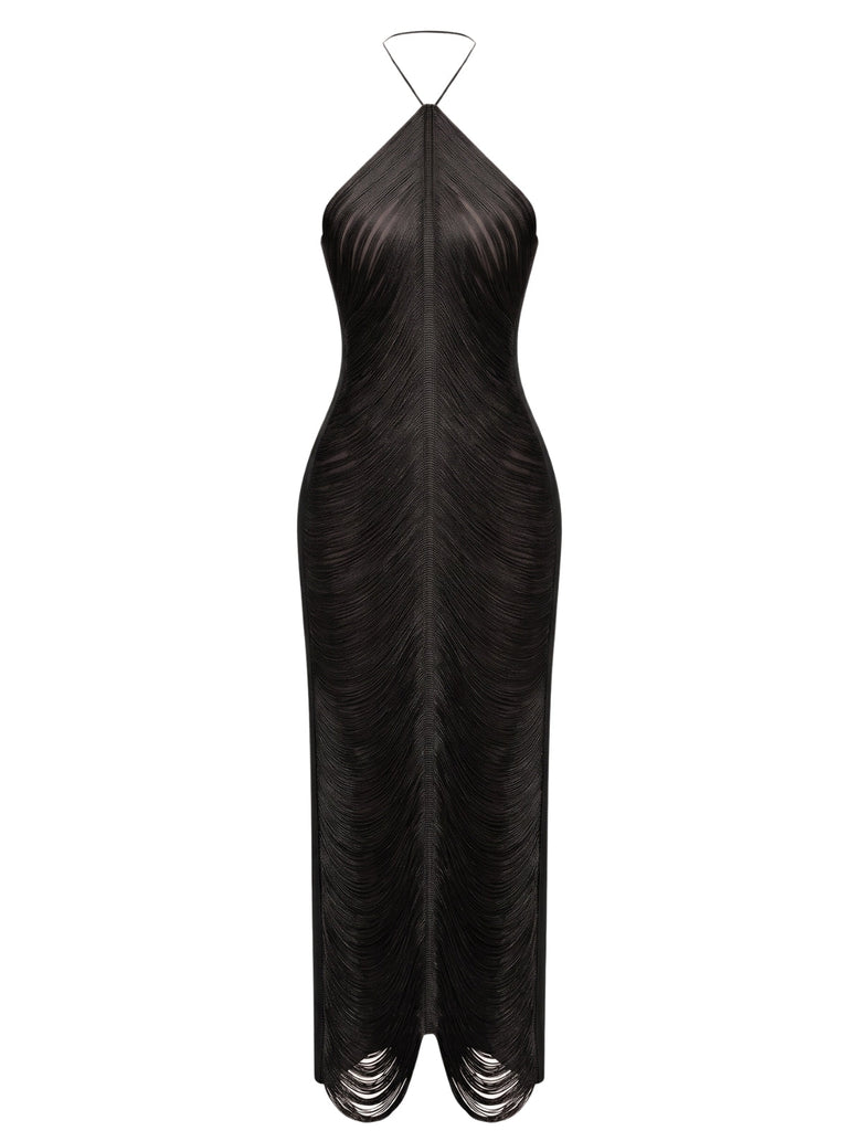 Goldenes 30er Neckholder-Maxi-Abendkleid mit Fransen und Rückenschlitz