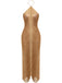 Goldenes 30er Neckholder-Maxi-Abendkleid mit Fransen und Rückenschlitz
