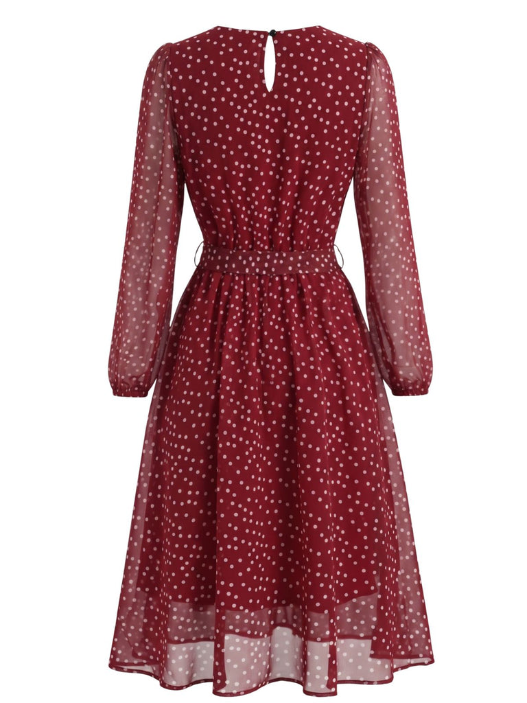 Bordeauxrotes 40er Chiffonkleid mit Polka-Dots und Bindegürtel