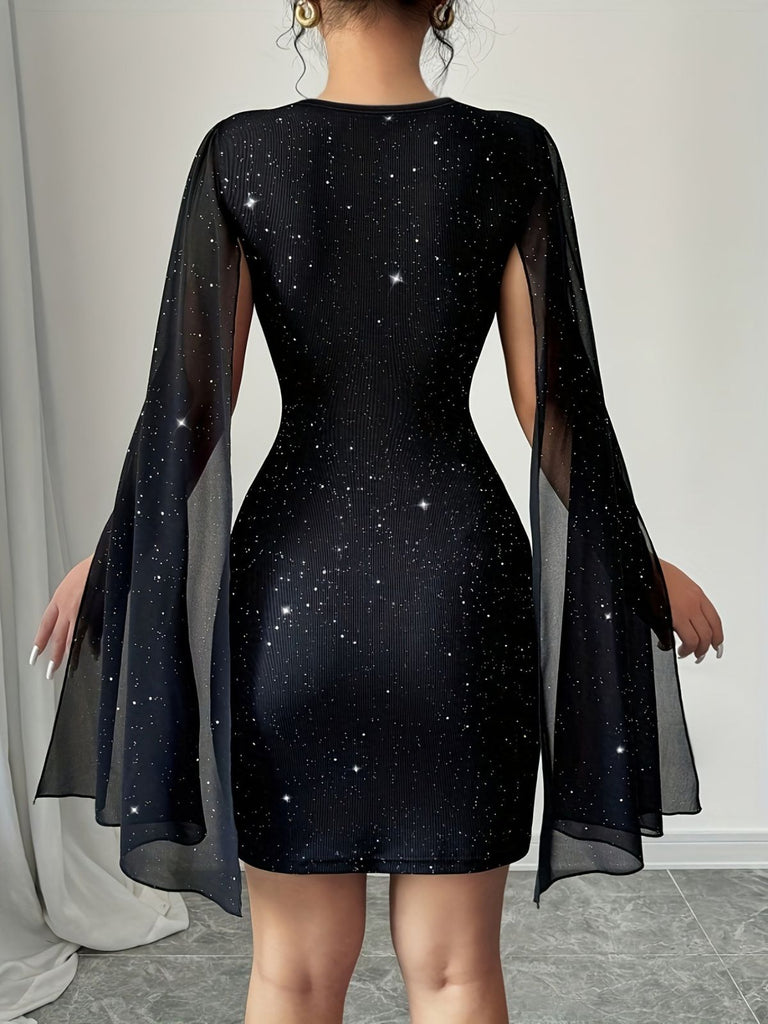 Schwarzes 60er Bodycon-Minikleid mit Strasssteinen und Capeärmeln