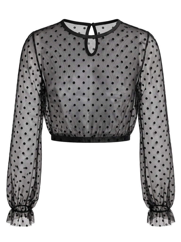 50er Mesh-Crop-Top mit Polka-Dots und Rüschenärmeln