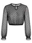 50er Mesh-Crop-Top mit Polka-Dots und Rüschenärmeln