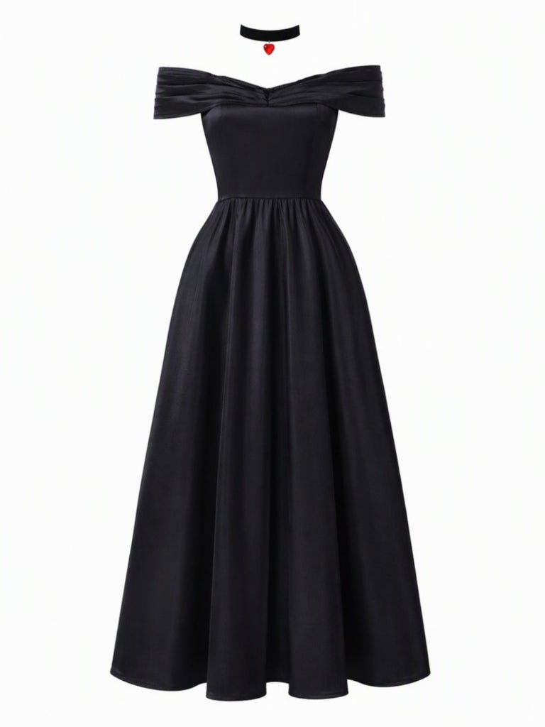 Schwarzes 70er Joker-Queen Maxikleid mit schulterfreiem Schnitt