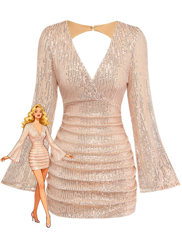 60er Pailletten-Bodycon-Kleid mit V-Ausschnitt, Raffung und offenem Rücken