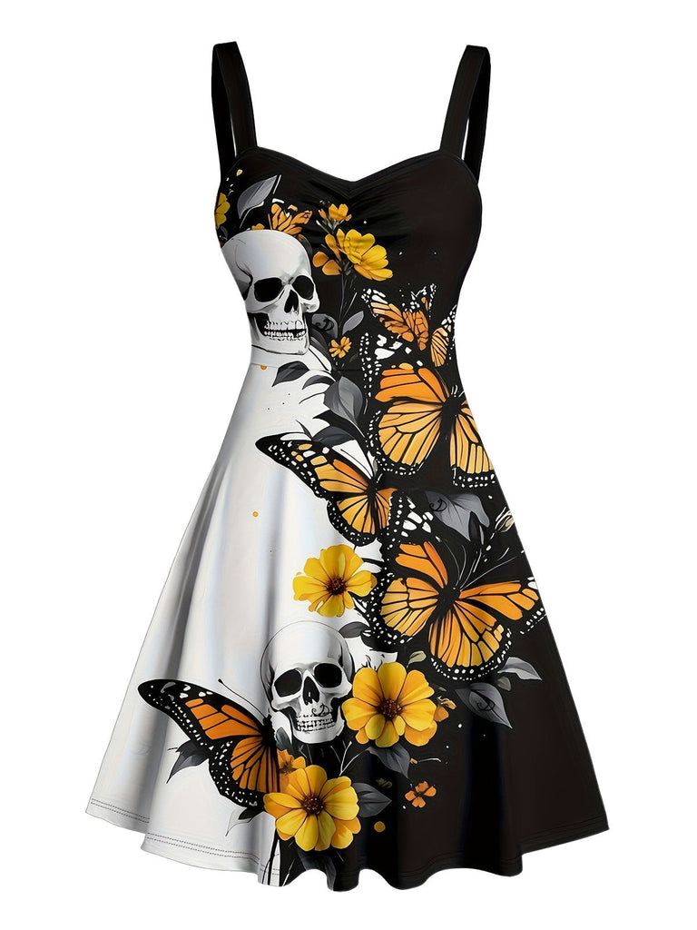 50er Kleid mit Sonnenblumen-, Schmetterlings- und Totenkopf-Print