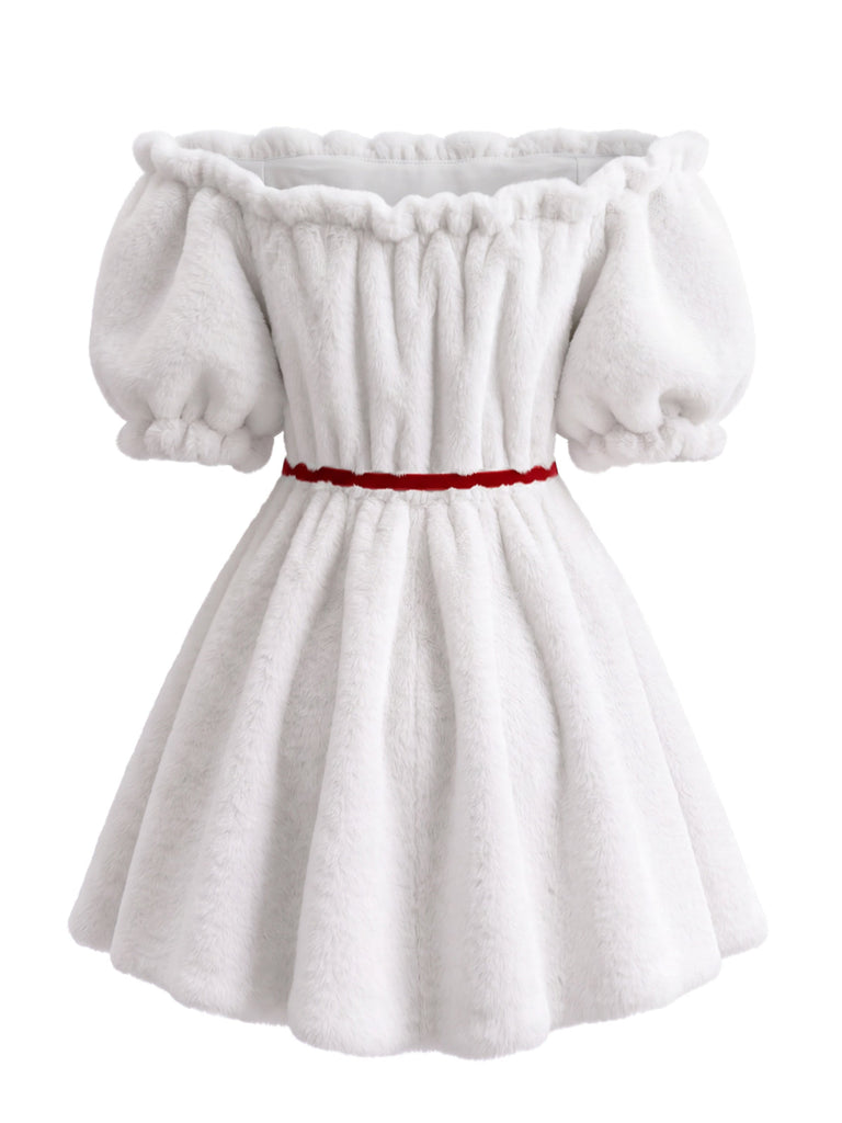 Weißes 60er schulterfreies Kunstfell-Minikleid mit Geweih-Haarreif